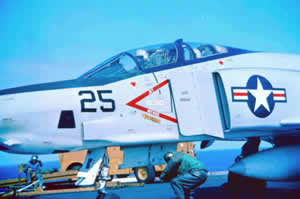 Marine Pilot Roy Stafford (Shadow) in cockpit of RF4 awaiting catapult shot